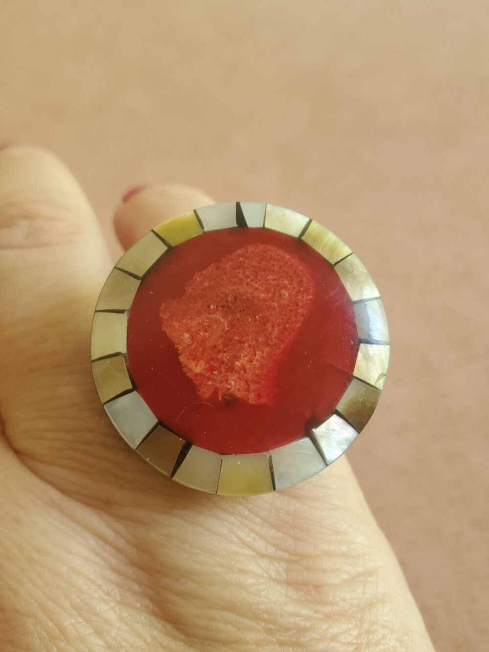 Wood Grain Ring with Mother of Pearl and Red Coral Type Accent